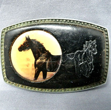 Western Horse Belt Buckle Leather Inlay Cowboy Cowgirl Vtg 80s Alumaline .DBD51