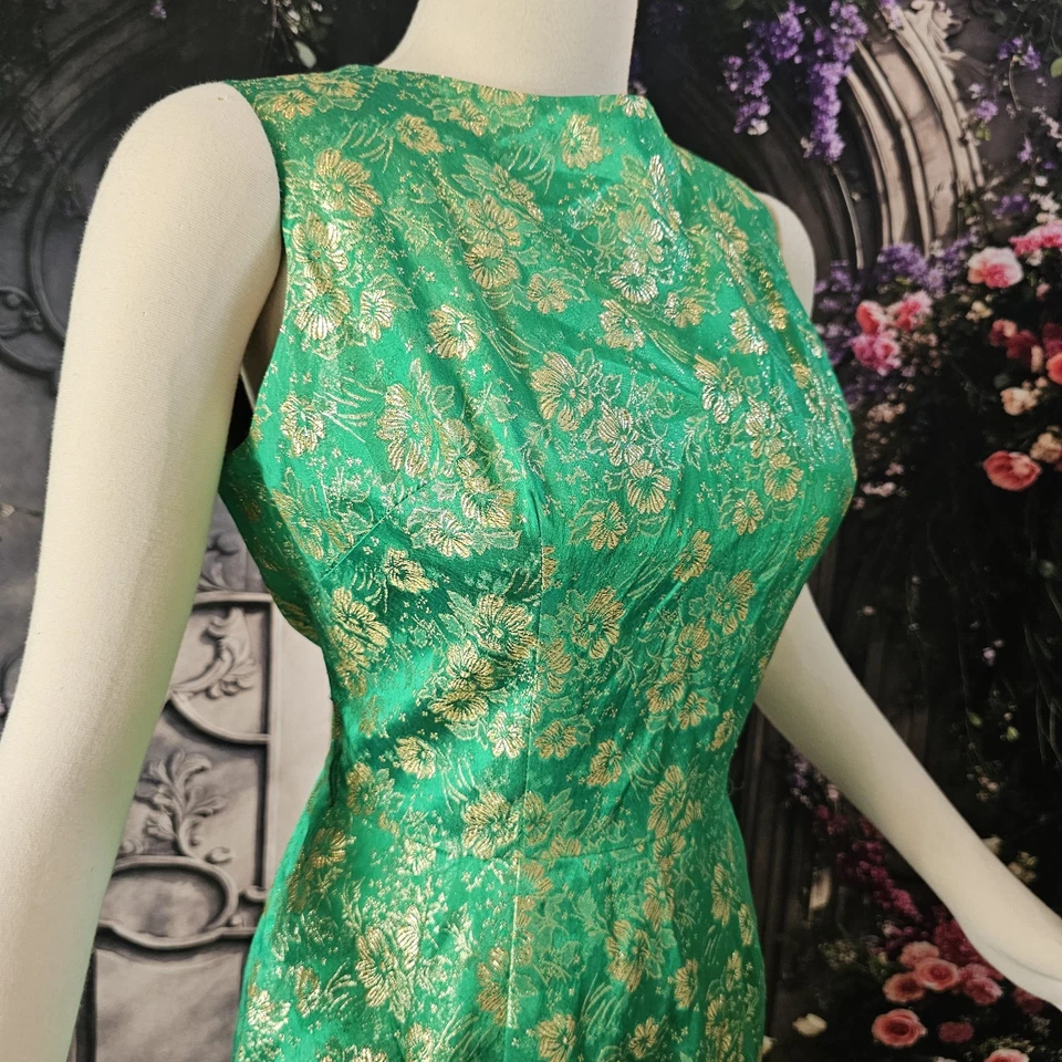 Vintage 1960's Dress Brocade Green Gold Floral Sleeveless - Image 4 of 4