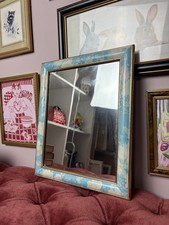 Blue Gold Floral Wall Mirror Painted Wood Frame Rectangle 30x25cm Framed