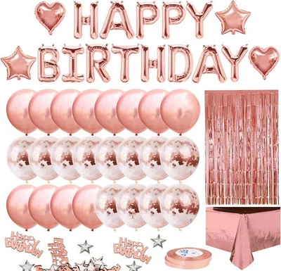 Anniversaire Ballon Rose Kit Guirlande Happy Birthday, Nappe Rose Or - Photo 1/4