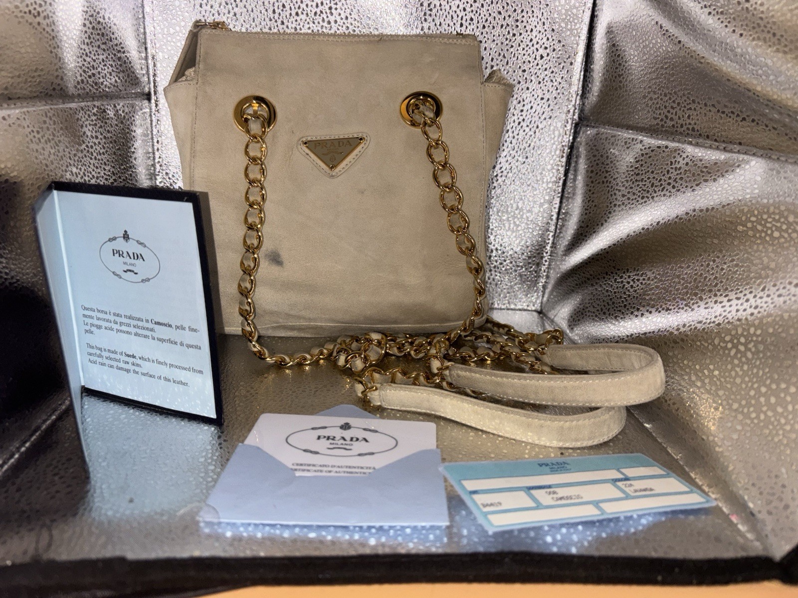 Vintage  PRADA BEIGE SUEDE SMALL Chain SHOULDER BAG handbag thumbnail 2