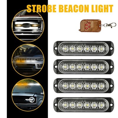 4pcs 6 LED Amber White Flashing Emergency Strobe Light Bar Kit Tow Truck 12-24V