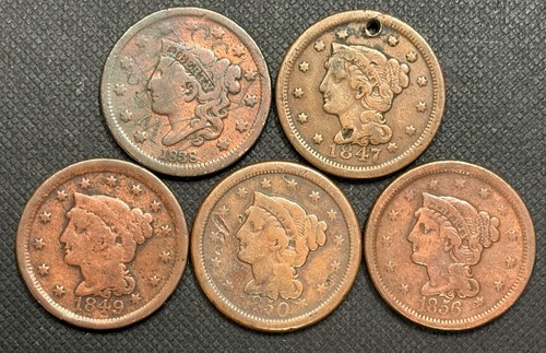 Lot of 5 Cleaned Large Cents, 1838 Coronet plus 1847, 1849, 1850 & 1856 Braided - Picture 1 of 12