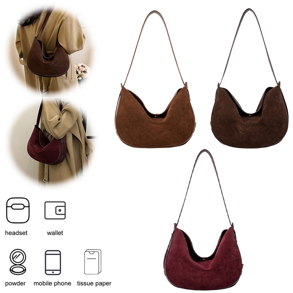 Women Suede Crescent Bag Solid Handbag Closure for Work Travel