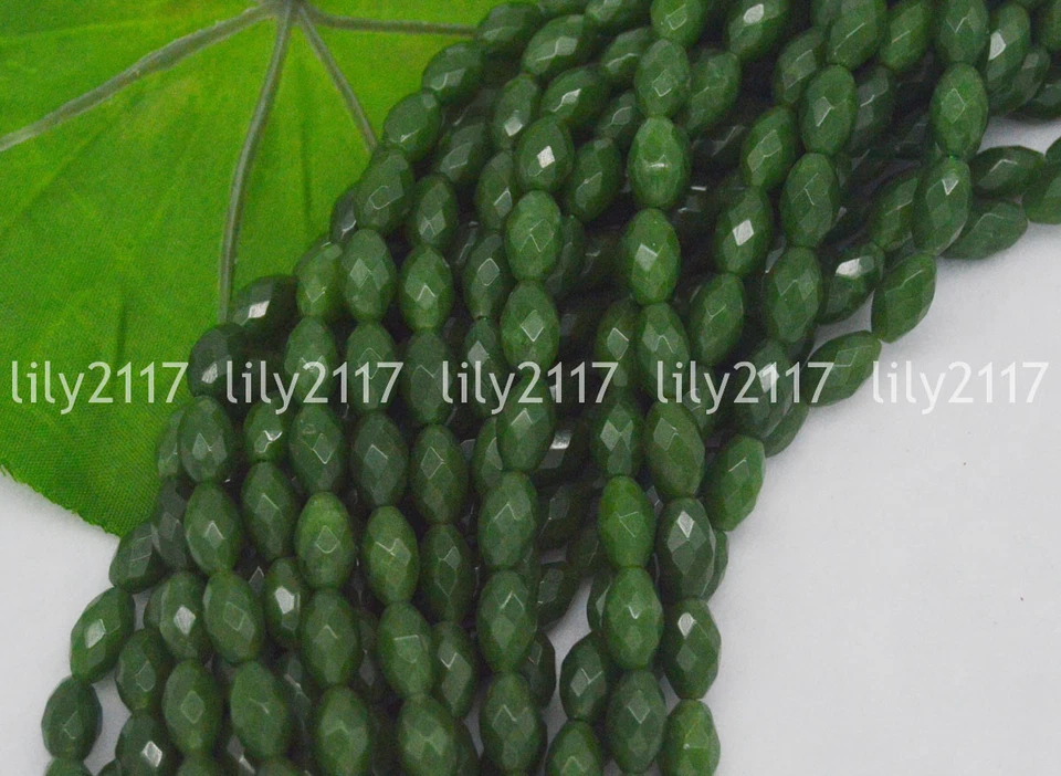 Cuentas sueltas de piedras preciosas naturales con forma de arroz de jade verde facetado de 8x12 mm 15"" Foto 2 de 3