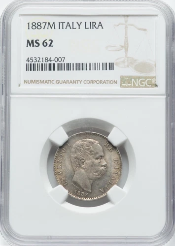 ITALY UMBERTO I  1887 1 LIRA SILVER COIN, CHOICE UNCIRCULATED NGC CERTIFIED MS62