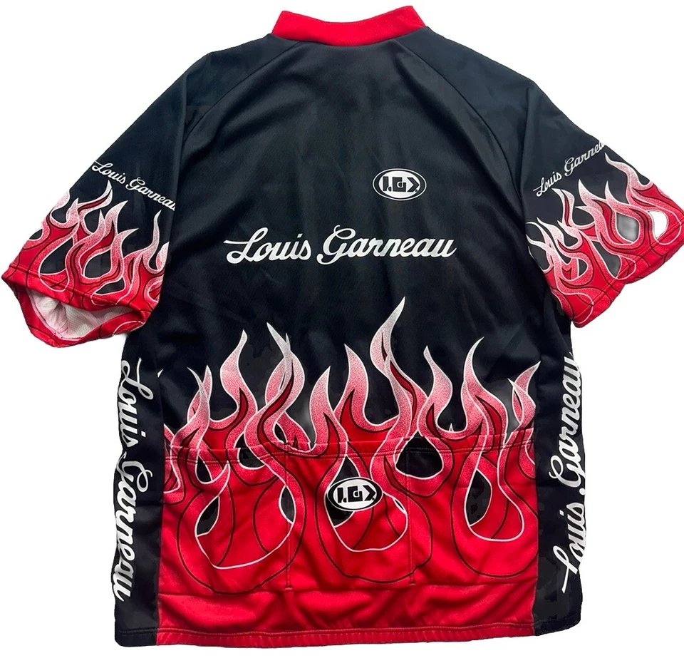 Camiseta de ciclismo Louis Garneau vintage roja llamas 2XL con 3 bolsillos para botellas Foto 3 de 4