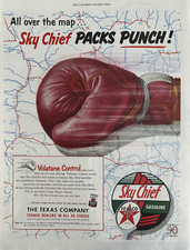 1952 Texaco Sky chief Gasoline Packs Punch Map Volatane Control VTG Print Ad