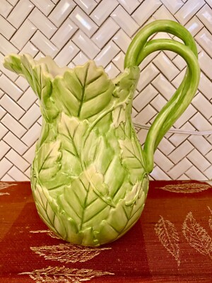 NEW FITZ and FLOYD Classic Green Leaf Pitcher 9 1/2''  Fall- Easter Ceramic