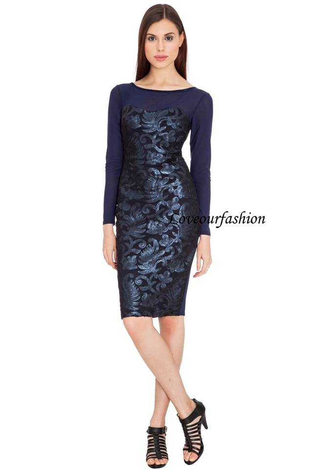 Women Lady Goddiva New Sequin Party Cocktail Dress Stretch Midi Fitted Blue UK 8 - Image 3 of 4