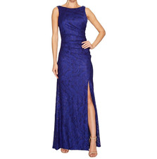 NWT Adrianna Papell Cowl Back Gown in Neptune Blue Ruched Stretch Lace Dress 4