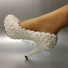 su.cheny -Lace white ivory crystal flats low high heel pump Wedding Bridal shoes