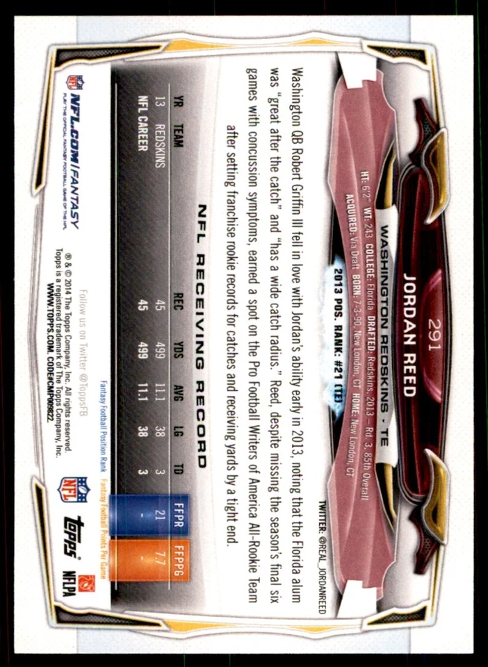 2014 Topps. Jordan Reed Football Cards #291 - Image 2 of 2