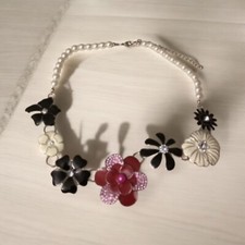 Vintage Faux Pearl And Colored Enamel Flower Statement Necklace 20  