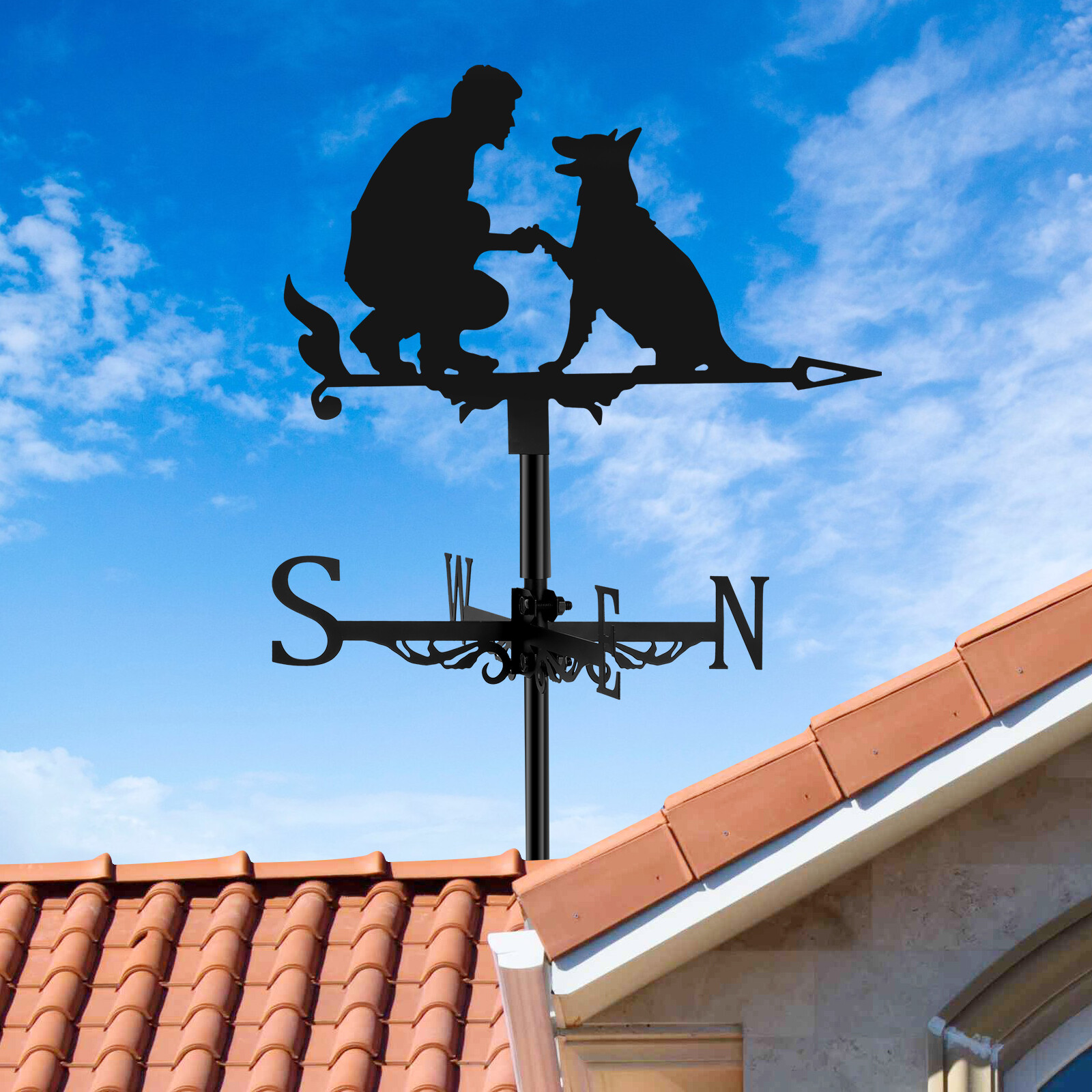 Weather Vane HeavyDuty Metal Wind Direction Decor Dog and Man