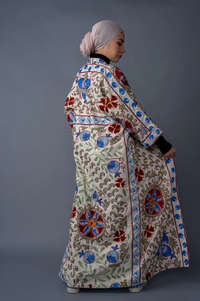 Roupão colorido vibrante novo em folha feito à mão uzbeque suzani quimono chapan vintage - Imagem 3 de 4