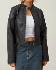 Cotton:On Women's Stretch Faux Leather Moto Jacket Vintage Black Size 4 NEW