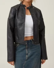 Cotton:On Women's Stretch Faux Leather Moto Jacket Vintage Black Size 4 NEW
