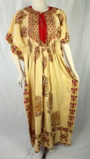 Vintage 1970s Caftan Dress Paisley Camel Block Print Cotton India Sz S