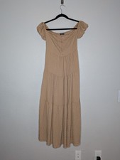 Shein Womens Tan Beige Cottagecore Peasant Milkmaid Romantic Tiered Maxi Dress L