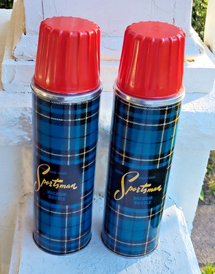 2 Pcs Vintage SPORTSMAN Metal Vacuum Bottle-Thermos With Cork