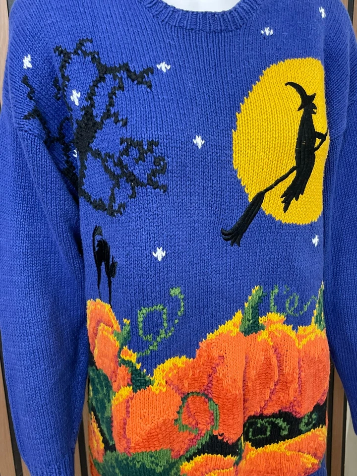 Suéter Marisa Christina Para Mujer L Azul Ramie Halloween Bruja Tejido a Mano Calabaza Foto 3 de 4