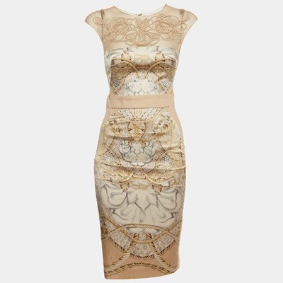 Zuhair Murad Beige Baroque Print Satin and Crepe Knee Length Dress XS