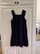 LOFT Women's Square Neck Sleeveless Flounce Dress Navy Linen Ruffle Botton Small