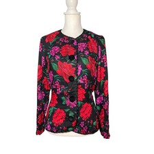 Vintage 80s Leslie Fay Floral Jacket Top 14P Made in USA Union Made Dark Romance