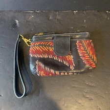 Fossil Wallet Womens Leaf Embroidered Blue Clutch Leather Trim Vintage Style