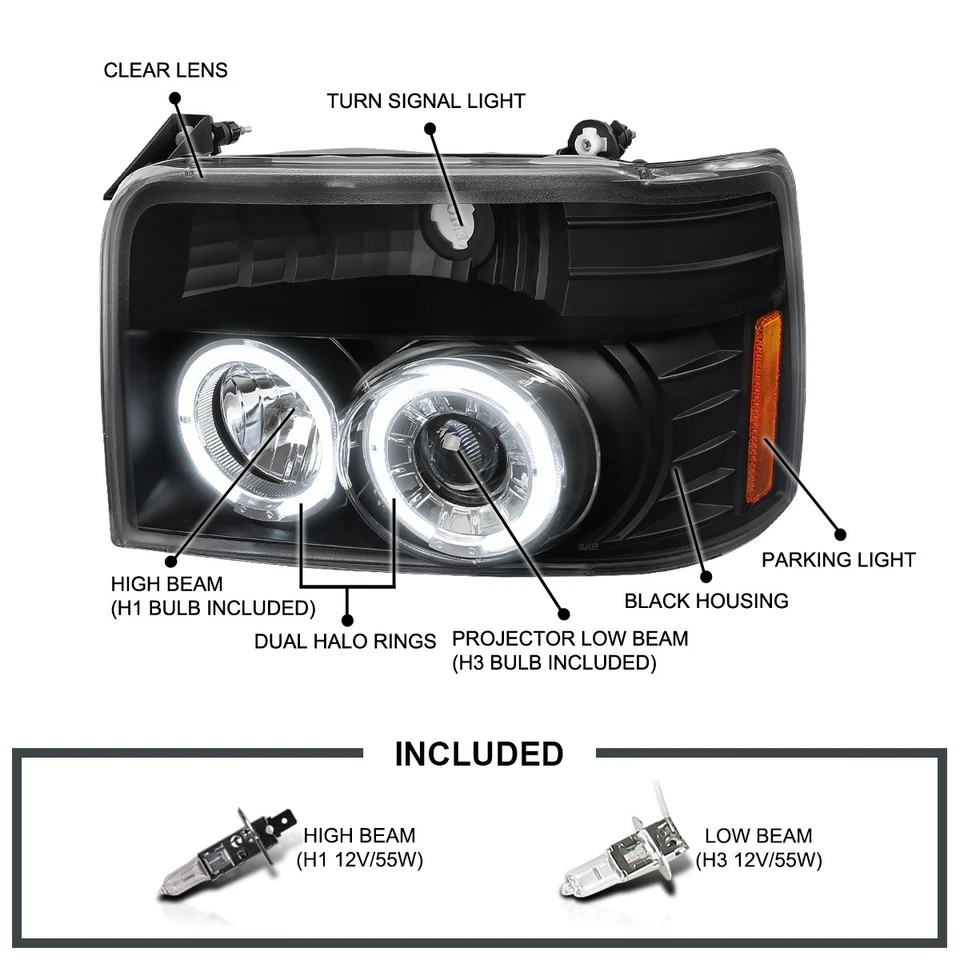 Black Fits 1992-1996 Ford Bronco F150 F250 F350 LED Halo Projector Headlights Foto 3 de 4
