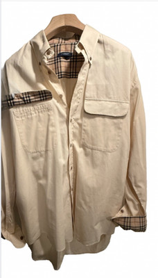 Burberry London Shirt Mens Large Cream Cotton Long Sleeve Nova Check Plaid Trim