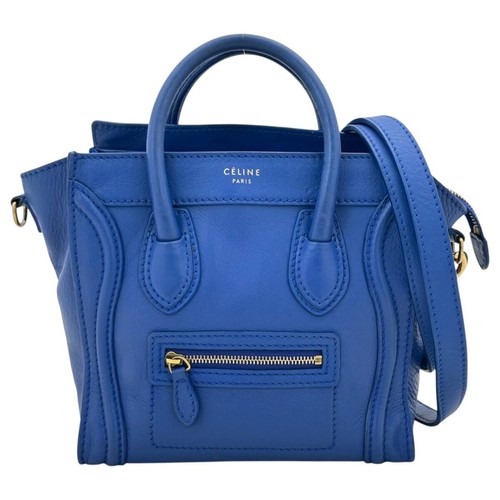 Celine Luggage Nano Shopper 2Way Shoulder Bag Blue Leather Gold Hardware