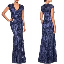 Betsy Adam Navy Blue Sequin Soutache V-Neck Mermaid Gown Size 4 309