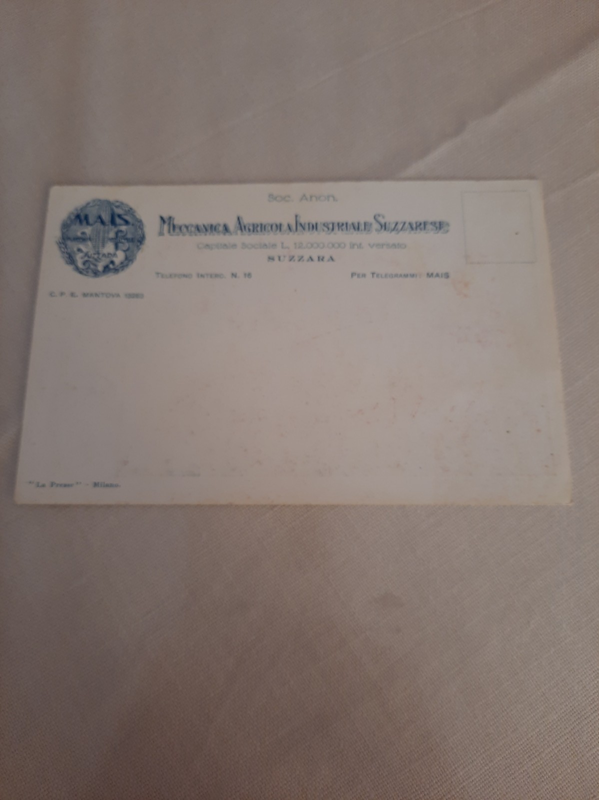 Suzzara - Cartolina Pubblicitaria Mais - Soc. Anon. - Irrigazioni e Pioggia