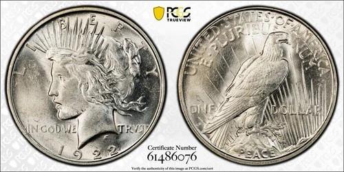 1922-D Peace Silver Dollar PCGS AU58 - 90% Silver Blast White