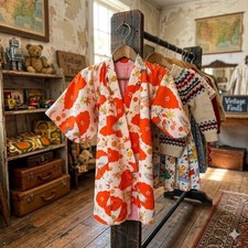 Vintage 90s Japanese Kids Kimono Orange Floral Crane Youth Yukata Robe Obi