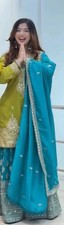 Stunning Parrot Green Chinon Silk Top Palazzo With Dupatta For Women Party Wear