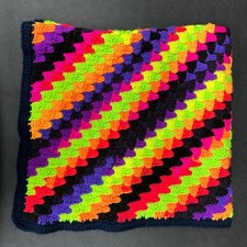 FABULOUS Vintage RAINBOW NEON ZIGZAG STRIPE Crochet Knit Blanket Lap Afghan Mini