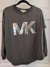 Michael Kors Women  s Gray /Silver MK Sequined Logo Crewneck Pullover sz M