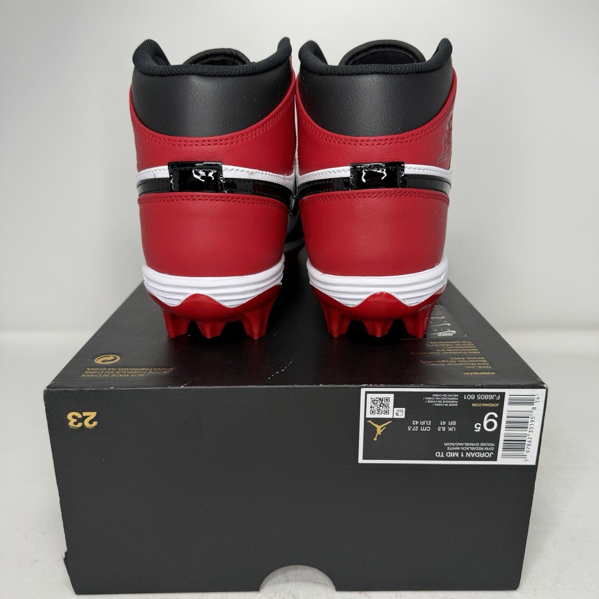 Nike Air Jordan 1 Mid TD Bred Toe Football Cleats Gym Red Black