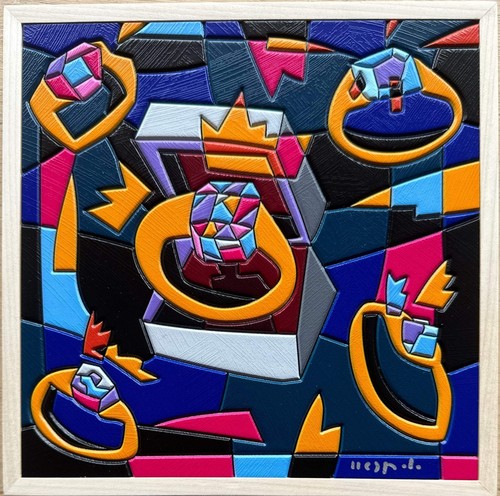 Solitario Ugo Nespolo Opera Unica in ACRILICO su Legno con Cornice PopArt Anello