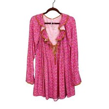 Free People Pink Floral Deep Ruffle Neck Tie Robe Blossom Mini Dress Medium NWOT