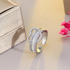 Silver Plated Cubic Zirconia Adjustable Heart Open Ring for Women Bridal Jewelry