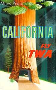 Travel Advertisement Poster Print California TWA Redwoods Vintage Airline U.S