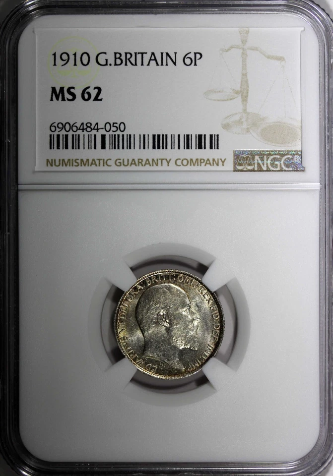 GREAT BRITAIN Edward VII Silver 1910 6 Pence NGC MS62 Light Toned KM# 799 (50) - Image 2 of 4