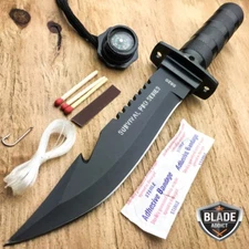 11" BLACK Tactical Fishing Hunting Survival Knife w/ Sheath Bowie + Survival Kit