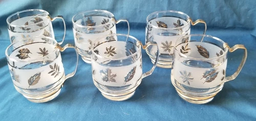 Set of 6 Libbey Glass Co. Silver Leaf 3 1/4-inch Cups Mugs with Metal Handles