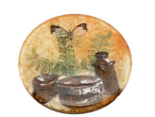 Trivet Lucite farfalla e felci verdi 5 3/8 pollici piastrella rotonda vintage piastra calda