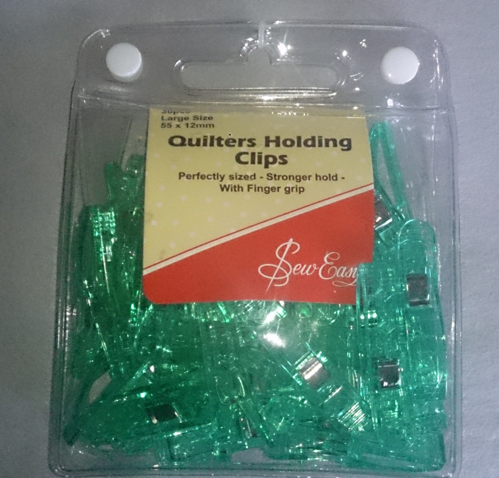 Quilters Holding Clips large 55 x 12mm green. Storage bag with 36